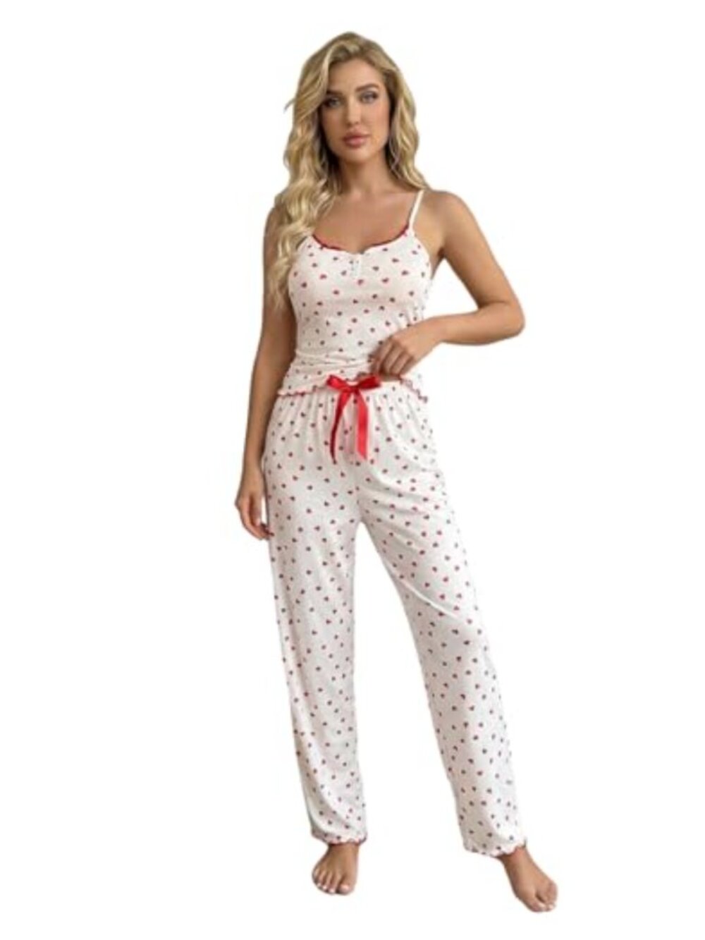 Women's Heart Print Pajama Set Cami Top & Bow Tie Pants Lounge Sleepwear